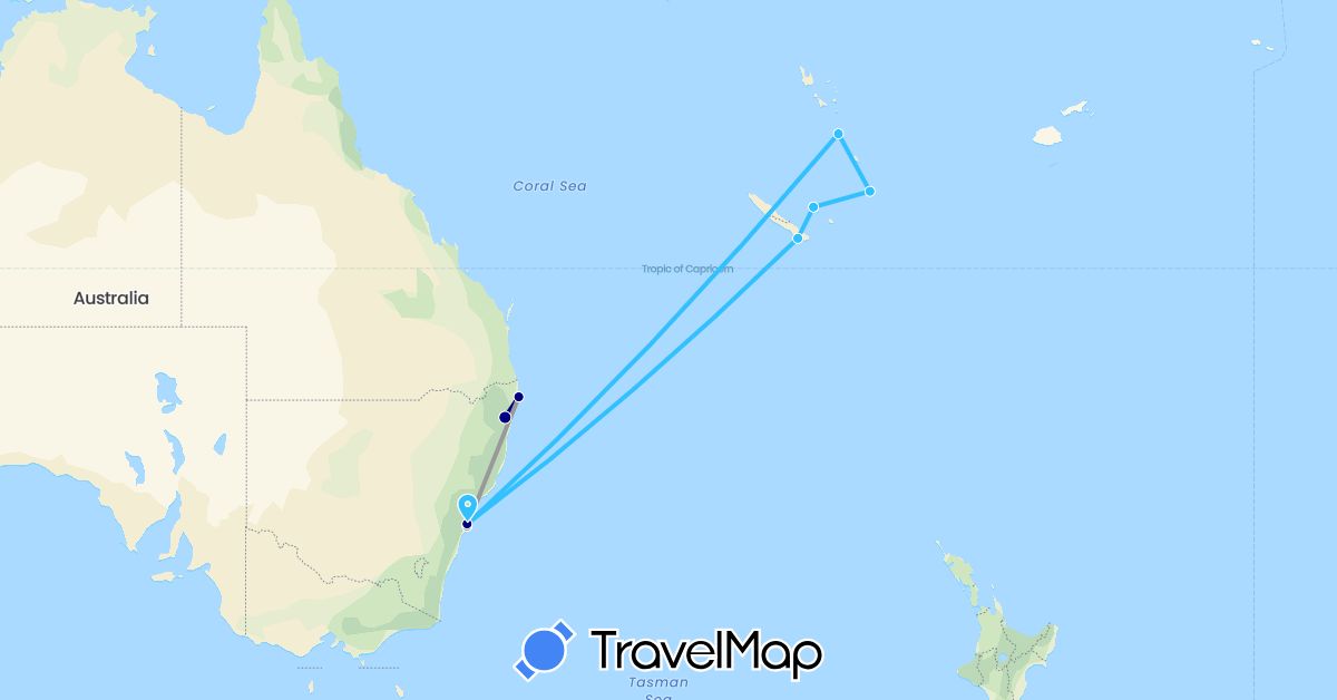TravelMap itinerary: driving, plane, boat in Australia, New Caledonia, Vanuatu (Oceania)